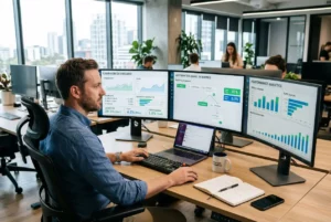 Consultant travaillant devant trois écrans affichant des graphiques et des données d’analytique, en milieu de bureau moderne. intégration naturelle: automatiser le marketing.