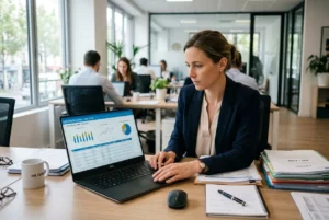 Femme d’affaires au bureau consulte des données sur un laptop, tableau de bord financier affiché, courrier et notes sur le bureau. Avantages d’externaliser la paie présentés.