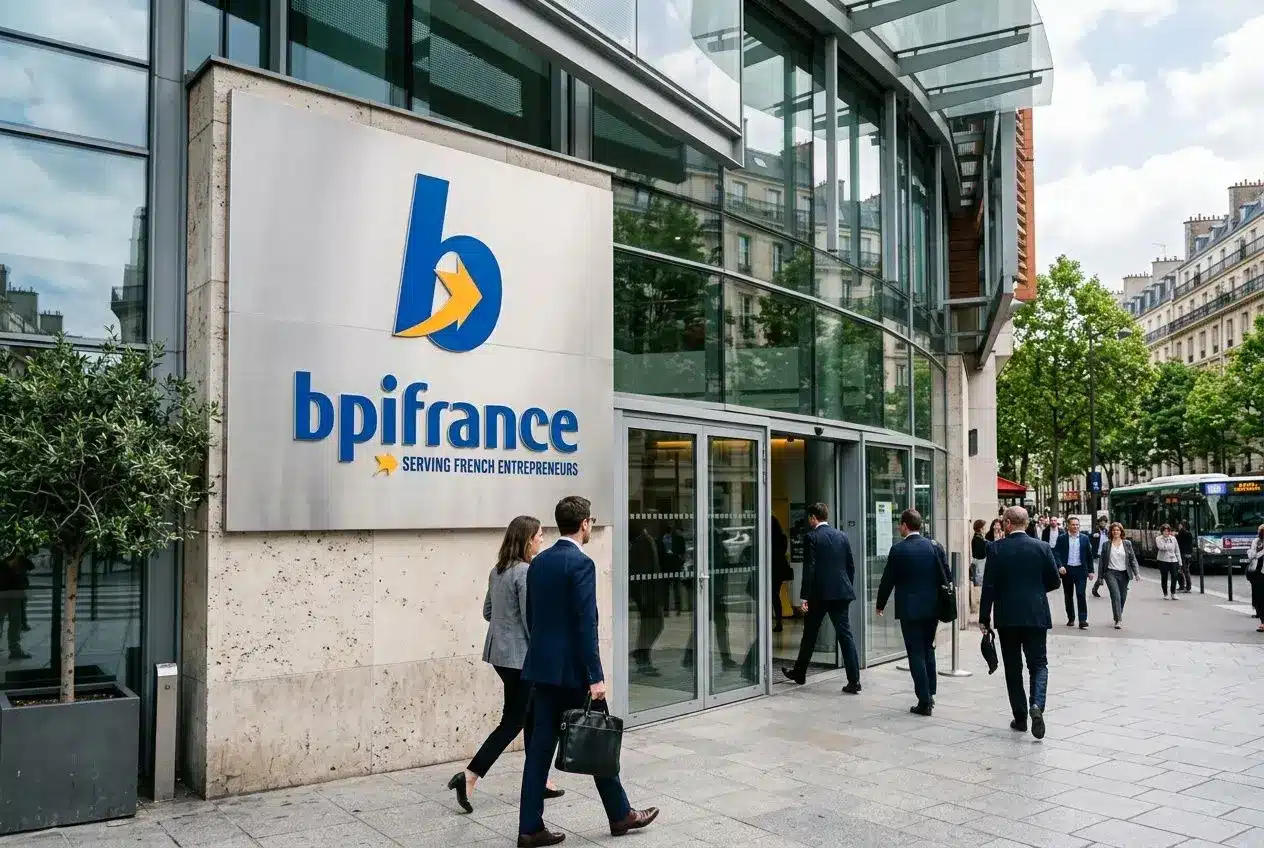 Bpifrance: façade d’agence avec logo bleu, personnes en costume entrant, ambiance business et accueil pour entrepreneurs.