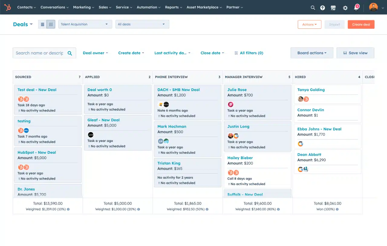 Une petite équipe commerciale en atelier de paramétrage autour d'un écran affichant un pipeline HubSpot