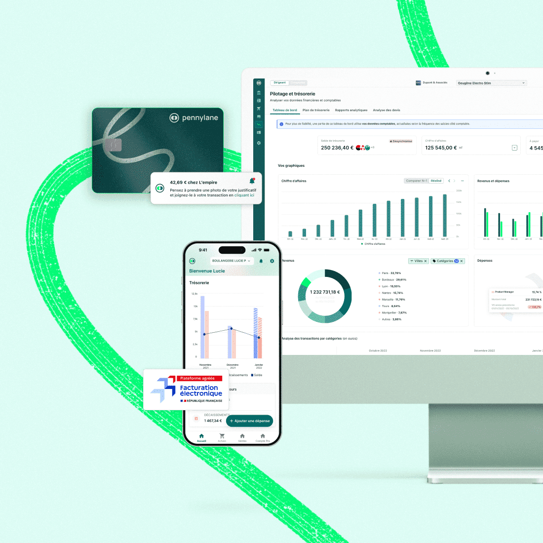Un dirigeant de PME consultant son tableau de bord Pennylane sur un ordinateur portable, bureau lumineux